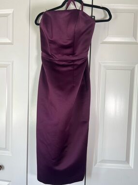 Mori Lee Strapless Satin Midi Dress in Plum